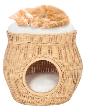 Safavieh SULI Cat Bed - Cozy Rattan Retreat with Removable White Cushion for Stylish Cat Naps & Lounging PET6500A