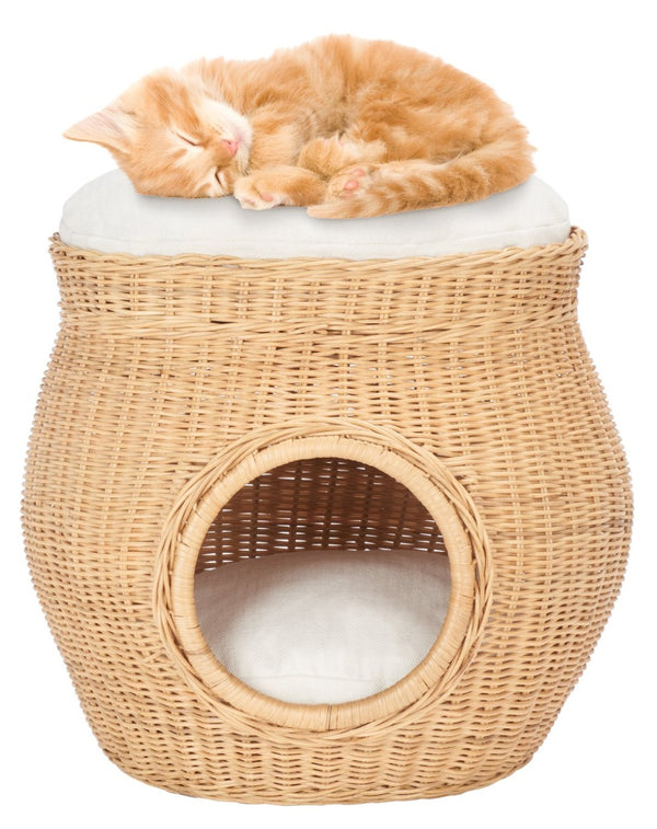 Safavieh SULI Cat Bed - Cozy Rattan Retreat with Removable White Cushion for Stylish Cat Naps & Lounging PET6500A