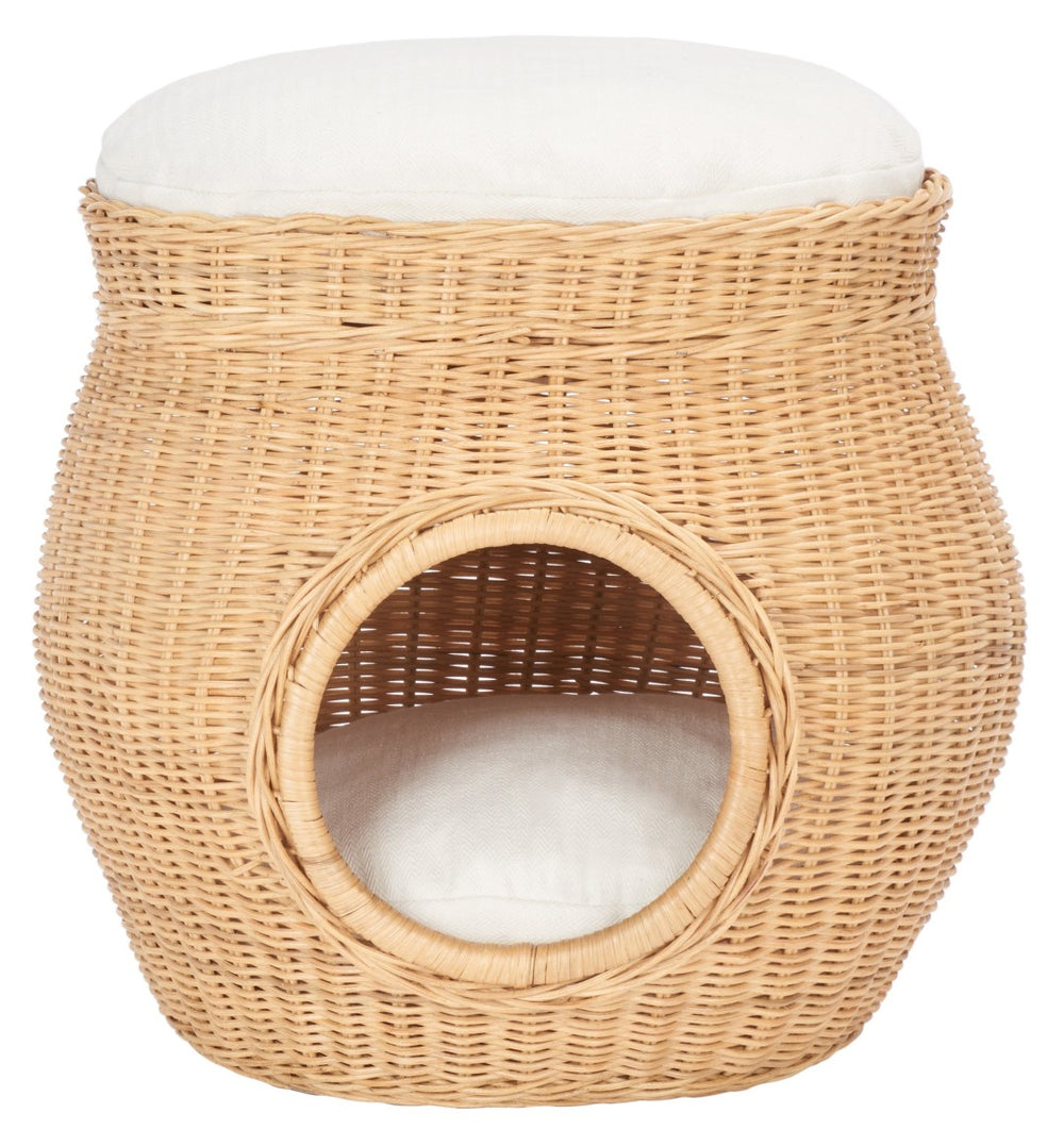 Safavieh SULI Cat Bed - Cozy Rattan Retreat with Removable White Cushion for Stylish Cat Naps & Lounging PET6500A