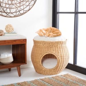 Safavieh SULI Cat Bed - Cozy Rattan Retreat with Removable White Cushion for Stylish Cat Naps & Lounging PET6500A