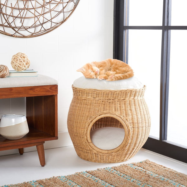 Safavieh SULI Cat Bed - Cozy Rattan Retreat with Removable White Cushion for Stylish Cat Naps & Lounging PET6500A