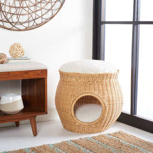 Safavieh SULI Cat Bed - Cozy Rattan Retreat with Removable White Cushion for Stylish Cat Naps & Lounging PET6500A