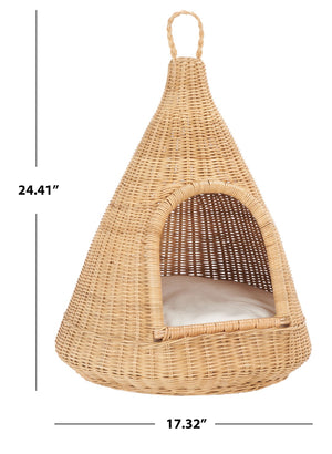 Safavieh TIFA Cat Bed with Plush Cushion - Stylish White & Natural Honey Rattan Retreat for Ultimate Comfort PET6501A