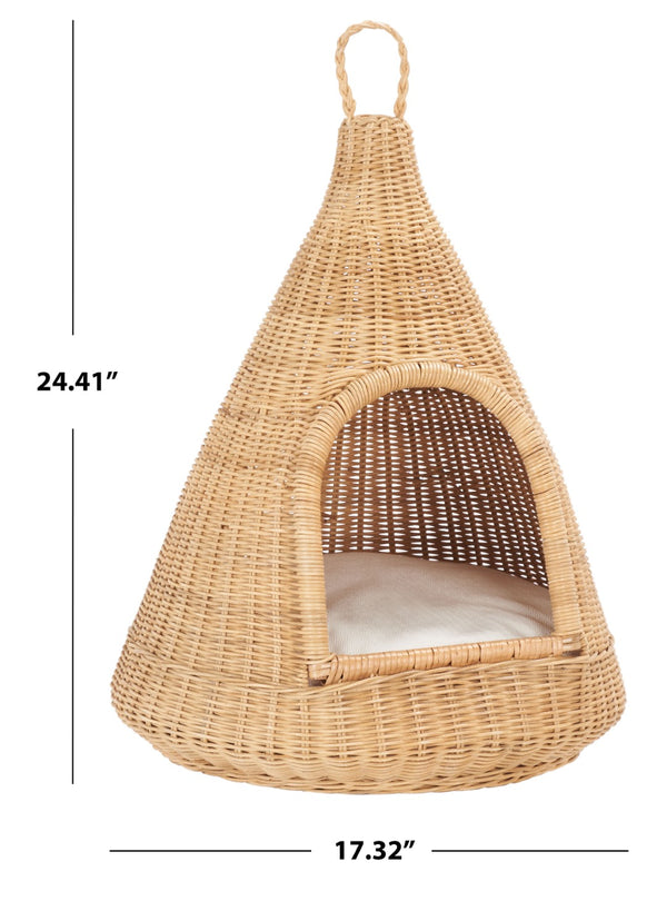 Safavieh TIFA Cat Bed with Plush Cushion - Stylish White & Natural Honey Rattan Retreat for Ultimate Comfort PET6501A