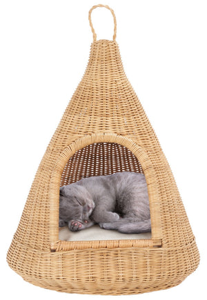 Safavieh TIFA Cat Bed with Plush Cushion - Stylish White & Natural Honey Rattan Retreat for Ultimate Comfort PET6501A