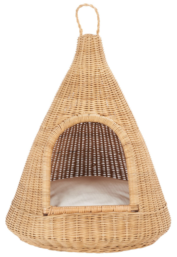 Safavieh TIFA Cat Bed with Plush Cushion - Stylish White & Natural Honey Rattan Retreat for Ultimate Comfort PET6501A