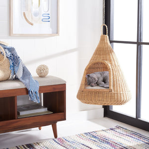Safavieh TIFA Cat Bed with Plush Cushion - Stylish White & Natural Honey Rattan Retreat for Ultimate Comfort PET6501A