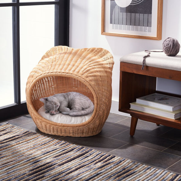 Safavieh TORU Cozy Cat Bed with Plush Cushion - Stylish Natural Honey Rattan Design for Modern Homes PET6502A