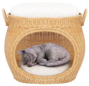 Safavieh FAATI Cozy Rattan Cat Bed with Plush Cushion – Stylish Natural Honey & White Design for Comfort PET6503A
