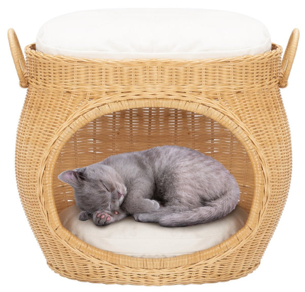 Safavieh FAATI Cozy Rattan Cat Bed with Plush Cushion – Stylish Natural Honey & White Design for Comfort PET6503A