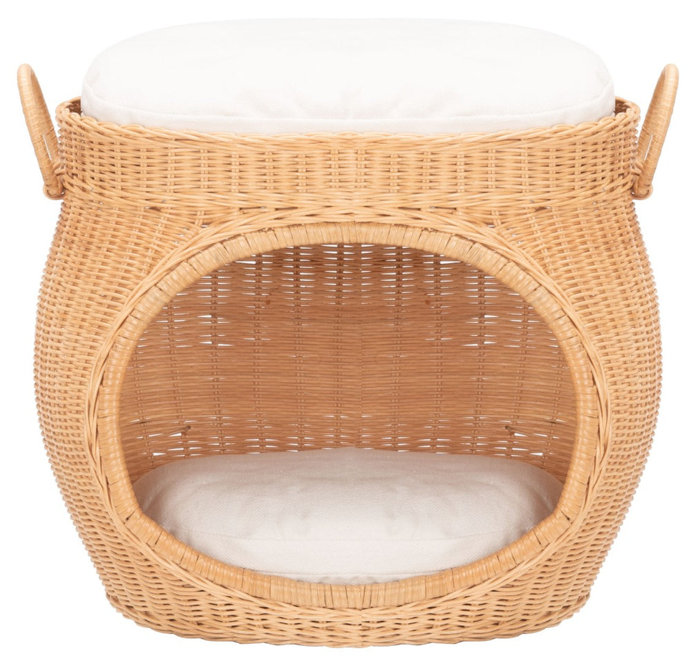 Safavieh FAATI Cozy Rattan Cat Bed with Plush Cushion – Stylish Natural Honey & White Design for Comfort PET6503A