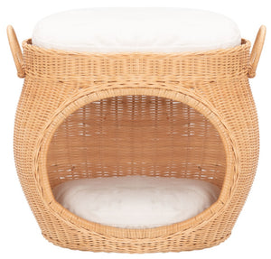 Safavieh FAATI Cozy Rattan Cat Bed with Plush Cushion – Stylish Natural Honey & White Design for Comfort PET6503A