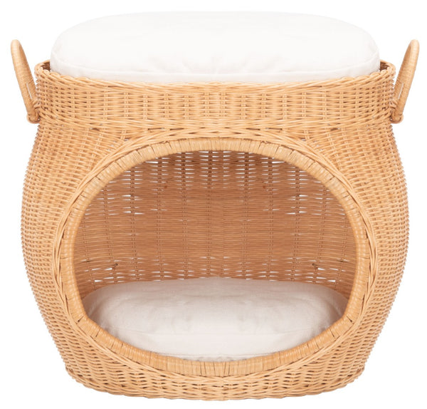 Safavieh FAATI Cozy Rattan Cat Bed with Plush Cushion – Stylish Natural Honey & White Design for Comfort PET6503A