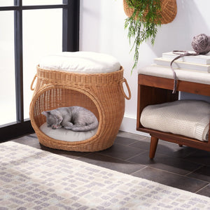 Safavieh FAATI Cozy Rattan Cat Bed with Plush Cushion – Stylish Natural Honey & White Design for Comfort PET6503A