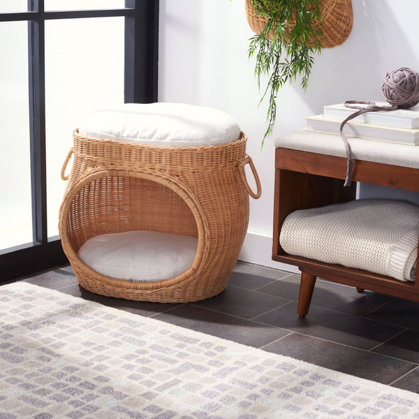 Safavieh FAATI Cozy Rattan Cat Bed with Plush Cushion – Stylish Natural Honey & White Design for Comfort PET6503A