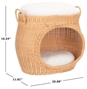 Safavieh FAATI Cozy Rattan Cat Bed with Plush Cushion – Stylish Natural Honey & White Design for Comfort PET6503A