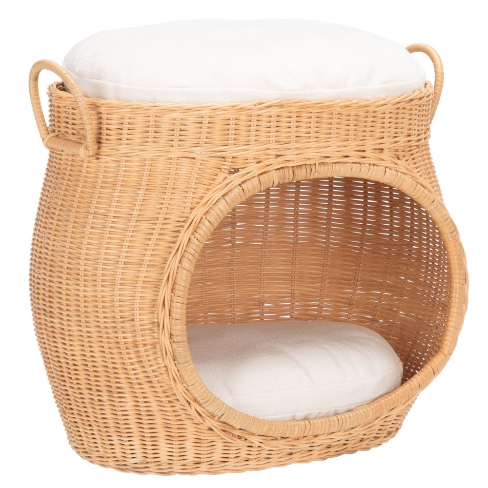 Safavieh FAATI Cozy Rattan Cat Bed with Plush Cushion – Stylish Natural Honey & White Design for Comfort PET6503A