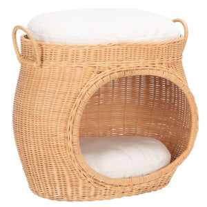 Safavieh FAATI Cozy Rattan Cat Bed with Plush Cushion – Stylish Natural Honey & White Design for Comfort PET6503A