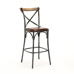 Zentique Zain Top-Grain Leather Bar Stool with Black Iron Frame — Industrial Modern Comfortable Counter Seating PF31 Bar Stool