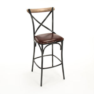 Zentique Zain Top-Grain Leather Bar Stool with Black Iron Frame — Industrial Modern Comfortable Counter Seating PF31 Bar Stool