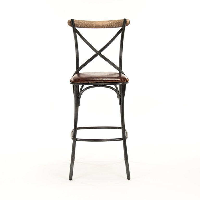 Zentique Zain Top-Grain Leather Bar Stool with Black Iron Frame — Industrial Modern Comfortable Counter Seating PF31 Bar Stool