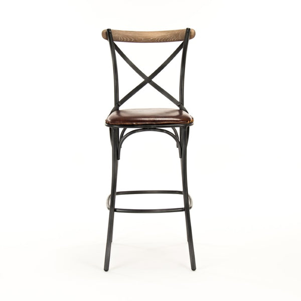 Zentique Zain Top-Grain Leather Bar Stool with Black Iron Frame — Industrial Modern Comfortable Counter Seating PF31 Bar Stool