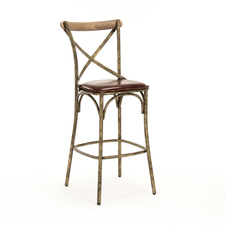 Zentique Manos Top-Grain Leather Bar Stool with Bronze Iron Frame — Industrial Chic, Ergonomic Comfort, Durable Finish PF31 Bar Stool Bronze