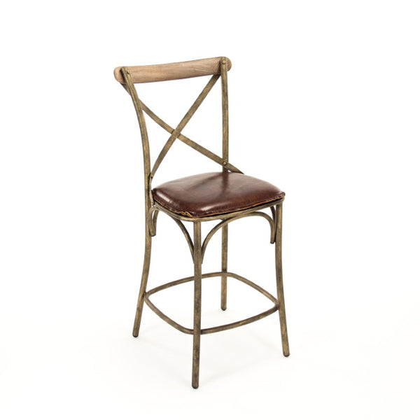 Zentique Zain Counter Stool Bronze Frame with Top-Grain Leather Seat, Ergonomic Backrest, Durable Bronze Finish PF31 Counter Stool Bronze