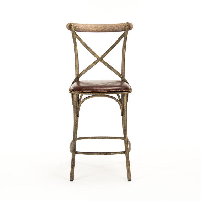 Zentique Zain Counter Stool Bronze Frame with Top-Grain Leather Seat, Ergonomic Backrest, Durable Bronze Finish PF31 Counter Stool Bronze