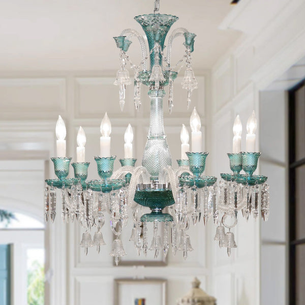Pasargad Home Exquisite 8-Light Murano-Style Glass Chandelier with Turquoise & Crystal Elegance