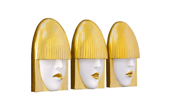 Phillips Collection Fashion Faces Wall Art – Modern Sculptural Design in Crisp White and Bright Silver for Chic Decor Small, White and Gold Leaf, Set of 3 PH101929