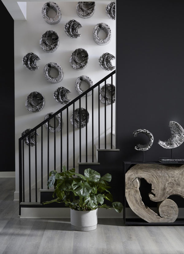 Phillips Collection Cast Resin Eroded Wood Grain Circle Wall Art Silver Leaf Black Sculptural Tile PH102833