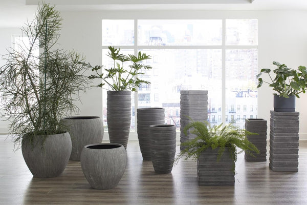Phillips Collection Filament Raw Gray Resin Planter with Artisan Striations and Architectural Rolled Lip Large PH103546