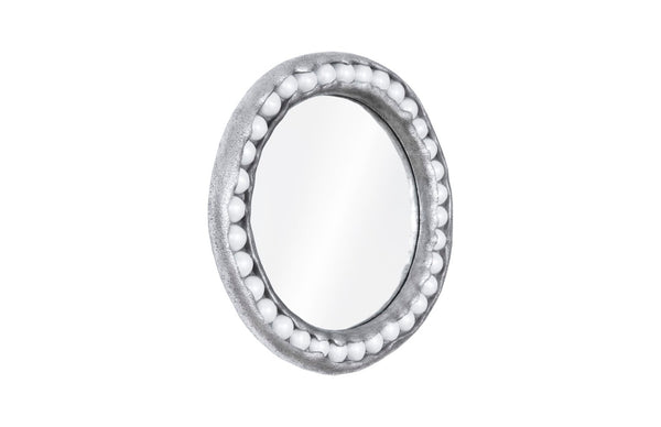 Phillips Collection Pearl Round Wall Mirror with Silver Leaf Finish & White Beads – Modern Boho Chic Home Décor Accent PH104196