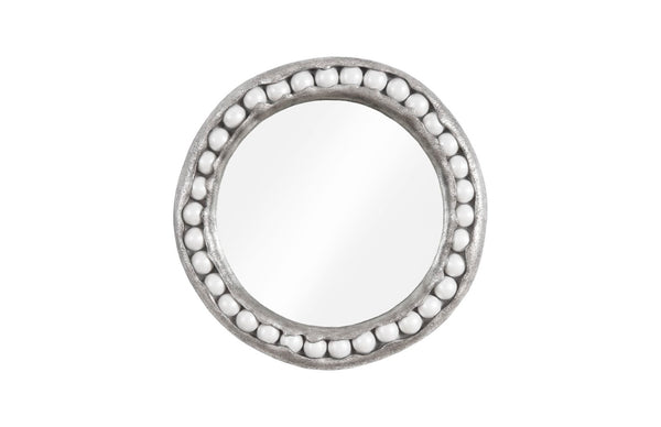 Phillips Collection Pearl Round Wall Mirror with Silver Leaf Finish & White Beads – Modern Boho Chic Home Décor Accent PH104196