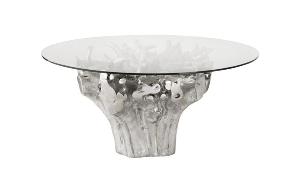 Phillips Collection Cast Root Form Silver Leaf Dining Table with Organic Sculptural Resin Base Glass Top PH104330