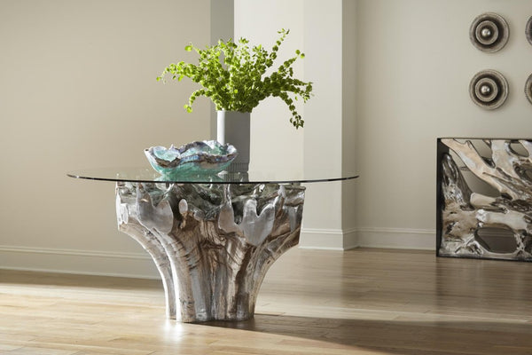 Phillips Collection Cast Root Form Silver Leaf Dining Table with Organic Sculptural Resin Base Glass Top PH104330
