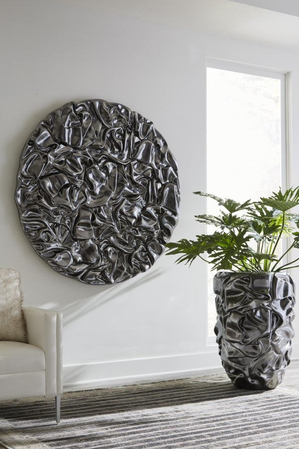 Phillips Collection Drape Sculptural Floor Planter in Metallic Silver Composite Resin with Fabric Fold Texture PH108836