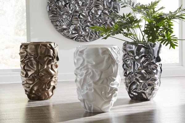Phillips Collection Drape Sculptural Floor Planter in Metallic Silver Composite Resin with Fabric Fold Texture PH108836