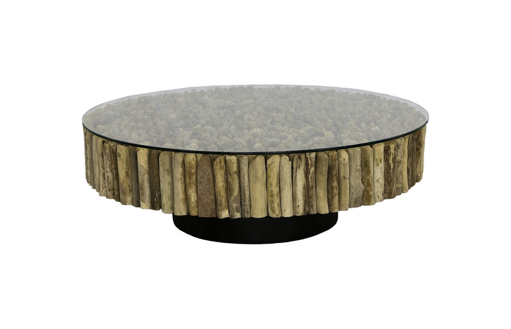 Phillips Collection Manhattan Round Coffee Table: Driftwood Elegance With Glass Top For Natural Home Décor Style Brown,Black Wood Ph112234