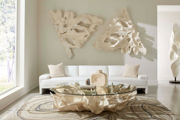 Phillips Collection Cast Root Coffee Table - Lightweight Resin with Faux Bleached Finish & 82" Glass Top for Elegance PH117055