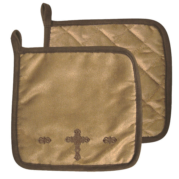 Hiend Accents Cross Pot Holder - Rustic Barbwire Embroidered Design For Stylish Kitchen Decor And Heat Protection Tan Fabric, 100% Cotton. Filling, 100% Polyester Ph318201d
