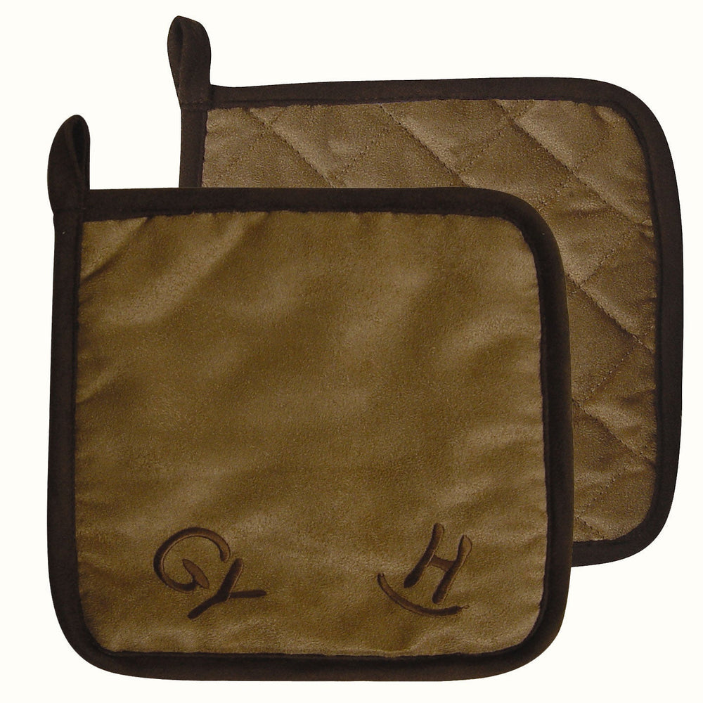Hiend Accents Brand Cattle Brand Embroidered Pot Holders - Rustic Kitchen Decor With Heat-resistant Quality Tan Fabric, 100% Cotton. Filling, 100% Polyester Ph318501d