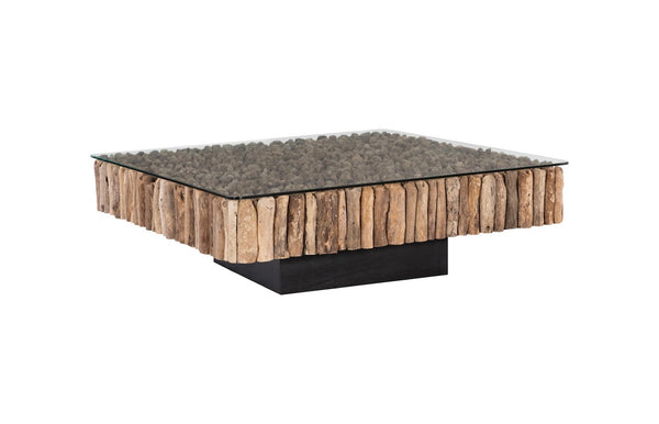 Phillips Collection Manhattan Coffee Table - Driftwood Design with Natural Tones for Modern or Rustic Living Rooms Square, with Glass PH64007