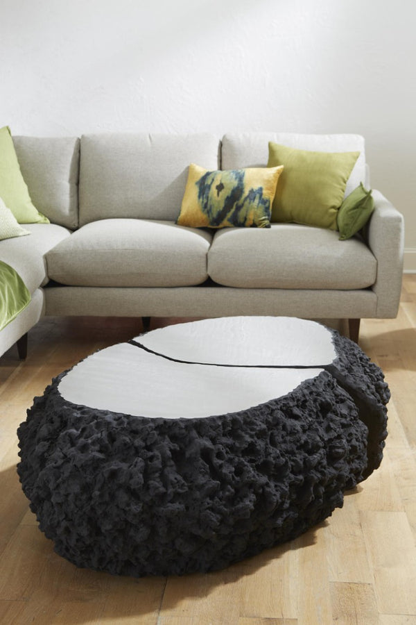 Phillips Collection Split Volcanic Stone and Chrome Coffee Table Sculptural Lava Rock Living Room Accent PH64150