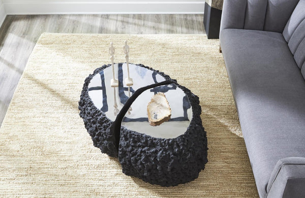 Phillips Collection Split Volcanic Stone and Chrome Coffee Table Sculptural Lava Rock Living Room Accent PH64150