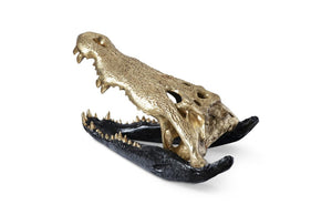 Phillips Collection Crocodile Skull Sculpture Resin Gold Leaf Accent Matte Black Collector Display Piece PH67576