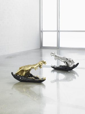 Phillips Collection Crocodile Skull Sculpture Resin Gold Leaf Accent Matte Black Collector Display Piece PH67576
