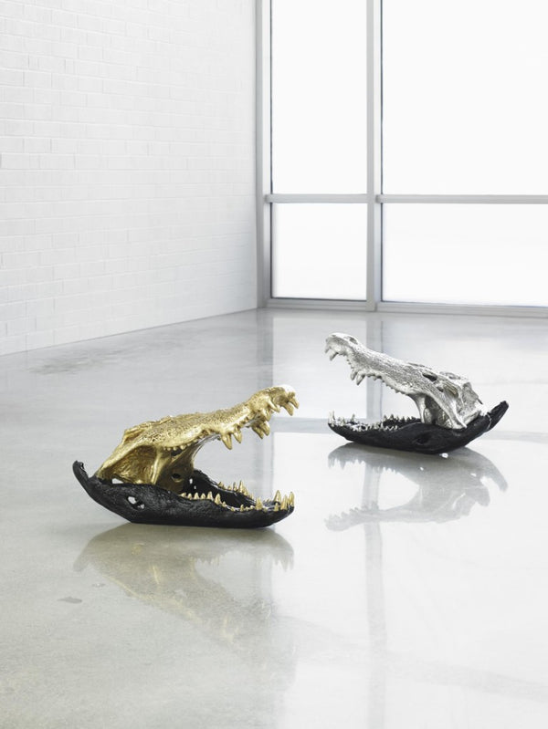 Phillips Collection Crocodile Skull Sculpture Resin Gold Leaf Accent Matte Black Collector Display Piece PH67576