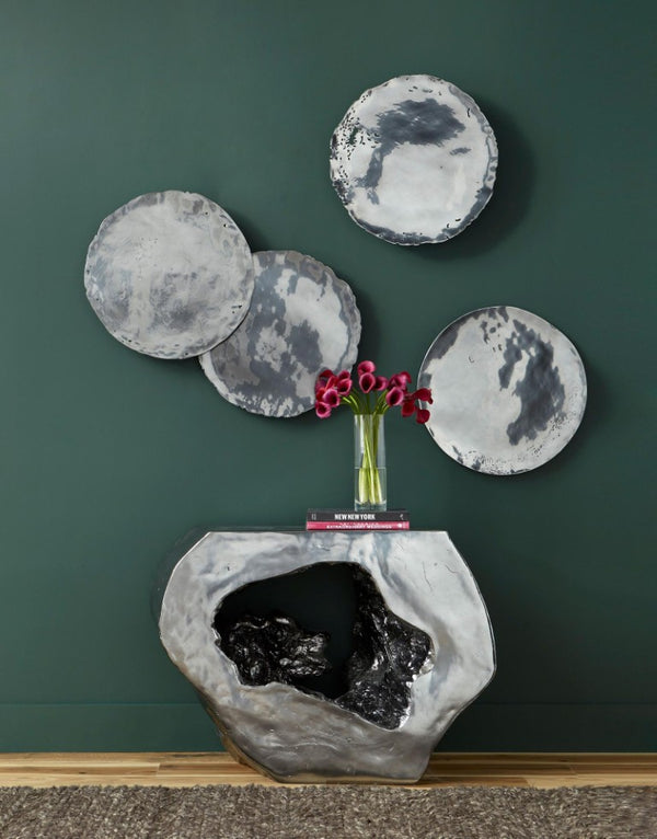Phillips Collection Cast Resin Oil Drum Wall Discs Aged Silver Patina Industrial Art Set of 4 PH67805